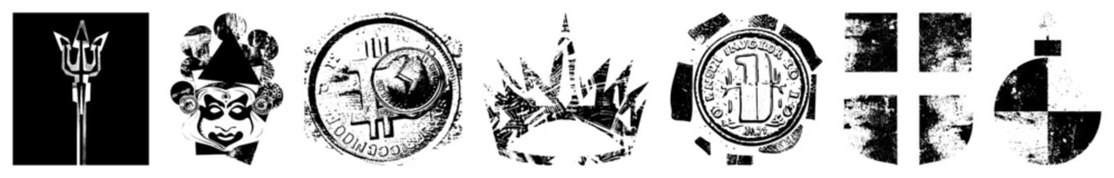 Vector trident, jester, crypto coin, crown, fragmented tokens, geometric. Flat design with distressed textures and symbolic motifs.