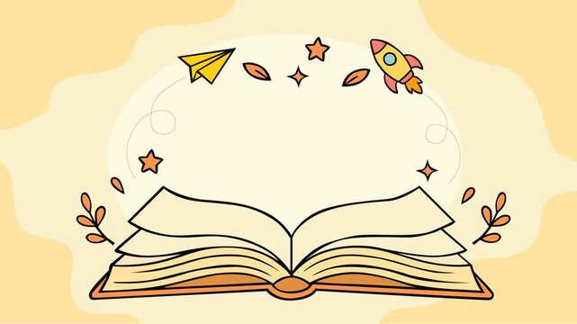 Open book with playful elements like stars, rocket, and paper plane symbolizing imagination, storytelling, and creativity. Perfect concept for reading, education, learning, and inspiring young readers