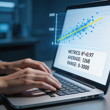 Close-up of hands typing on laptop showing data metrics, trend chart with R&sup2;=0.97, average=1268, range=0-3000, representing business analytics and data science.