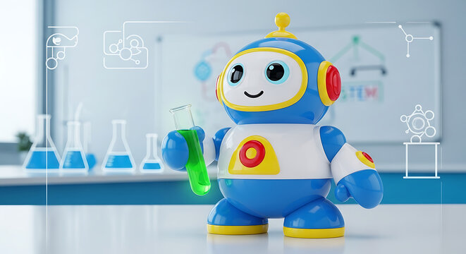 Friendly 3D robot scientist holding a beaker of green liquid in a bright modern laboratory. Illustrating the intersection of robotics and chemistry, scientific innovation, STEM learning for children