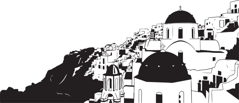 Santorini sunset landscape illustration of coastal oia village buildings greece