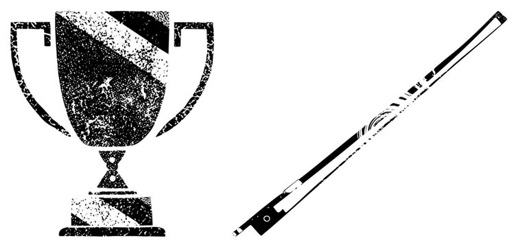 Classic sports trophy and violin bow rendered in gritty halftone style, graphic, artistic set, isolated elements, award symbol, musical instrument accessory.