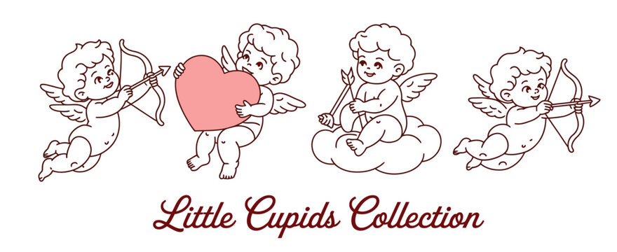 Cupid, cute little characters in different poses with bow arrow and heart, retro hand drawn style, love concept for valentines and wedding design isolated on white.