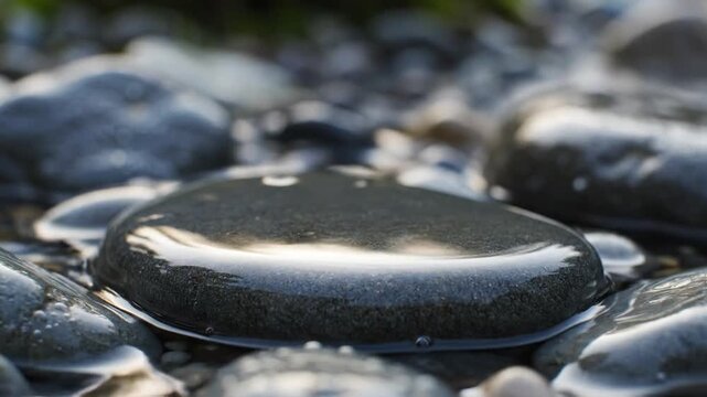 Smooth wet black stone on pebbled shoreline with surrounding droplets