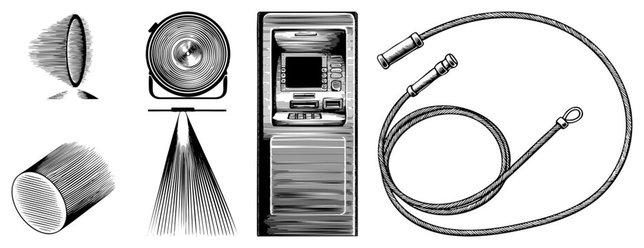 Black and white halftone vector graphic showing ATM machine, coiled, spotlight fixture, and geometric cylinders, classic engraving style, isolated elements.