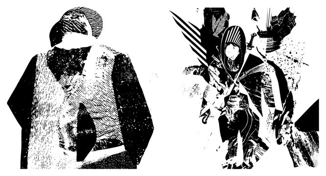 Silhouetted fighters with halftone shading, combat ready poses, graphic illustration style, bold, warrior art, isolated vector design.