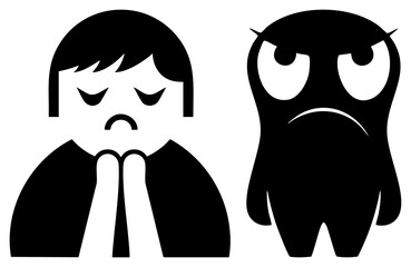 Obraz premium Flat vector showing annoyed human and, both with angry eyes and downturned mouths, minimalist black silhouettes, emotional expressions.