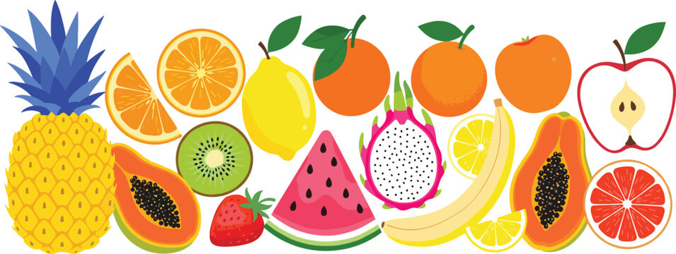 Colorful tropical fruit collection vector illustration with pineapple watermelon citrus banana papaya and exotic fresh elements in flat style