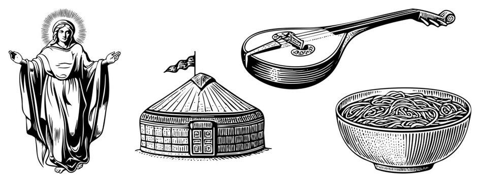 Sacred with, traditional Mongolian yurt dwelling, stringed mandolin instrument, noodle bowl, all in clean art style.