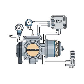 Automotive engine throttle body control system diagram, depicting ECU, TPS, and APPS connections, essential for vehicle performance and fuel efficiency