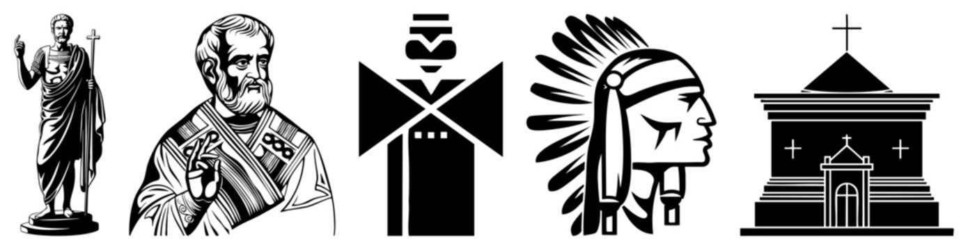 Vector set of five distinct cultural emblems Roman emperor statue, bishop portrait, totem pole, Native American chief profile, church building. flat design for symbolic representation.