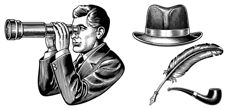 Classic detective silhouette using binoculars, fedora hat, feather quill pen, tobacco pipe, noir style, retro ink illustration.