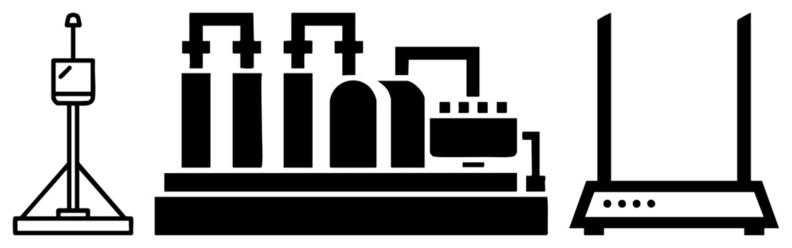 Scientific microscope, factory production, wireless router device, technical symbols, vector, isolated foreground elements.