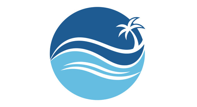 Tropical Beach Circle Logo Design, Ocean Waves and Palm Tree Silhouette, Summer Vacation and Island Travel Concept, Coastal Tourism and Seaside Resort Emblem