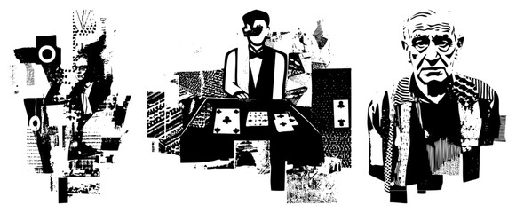 Obraz premium Bold character portraits with halftone and stipple, graphic design style, isolated figures, vector art, abstract expressionism, urban illustration.