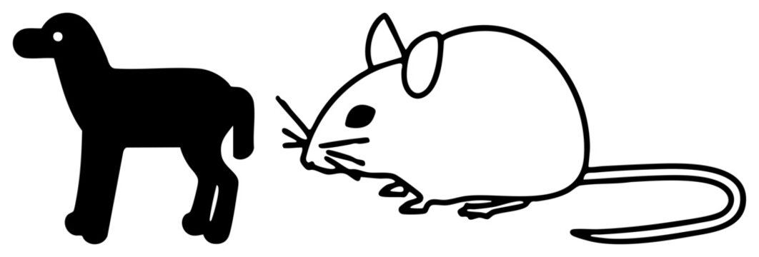Stylized dog silhouette and cartoon mouse facing each other, vector art, simple drawing, animal interaction, black, white fill.