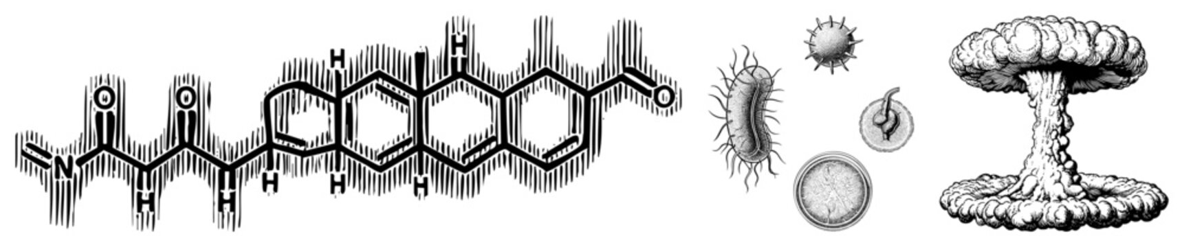Chemical compound diagram, bacterial cells, virus particles, mushroom cloud explosion all rendered in classic halftone engraving style, scientific illustration, educational graphic.