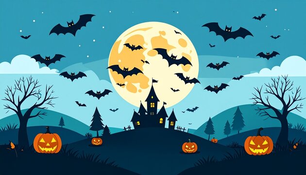 Spooky Halloween night background featuring a dark sky with a full moon, silhouettes of bats and a gnarled tree, and a scary pumpkin illustration in a flat vector cartoon style