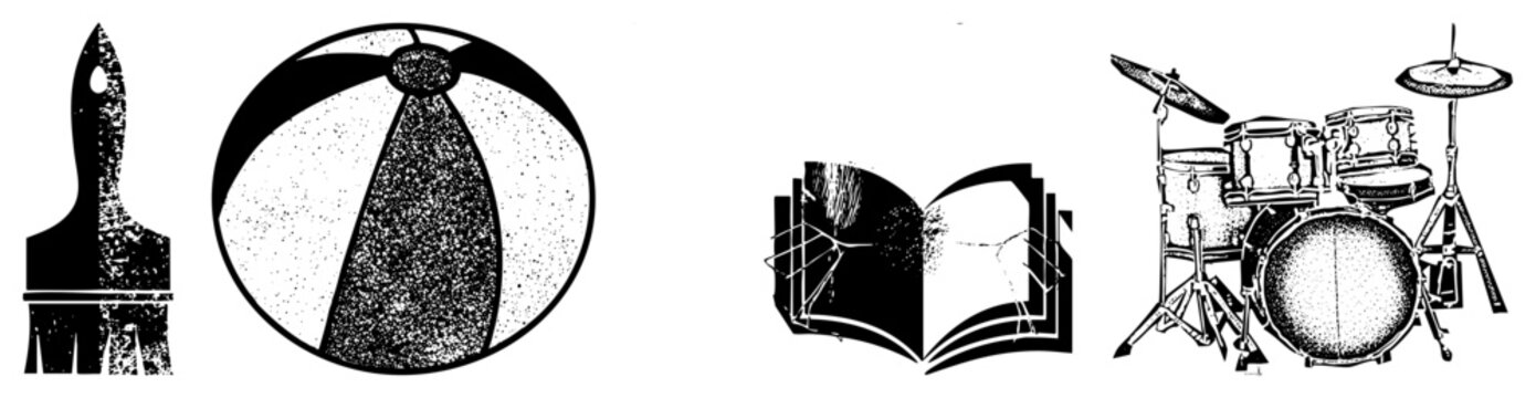 Black and white halftone vector paintbrush, beach ball, open book with crackle, drum set. Graphic design elements with dot texture.