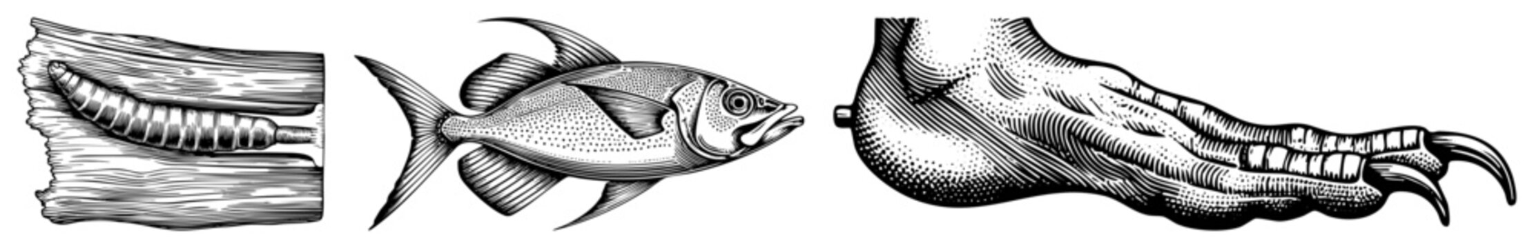 Antique woodworm infestation, stylized fish with fins, clawed foot anatomy, engraved art, halftone shading, biological illustration.
