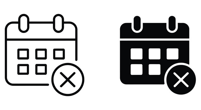 Calendar cancel icon collection, date with X mark symbol, representing event removal, schedule cancellation, and booking rejection vector