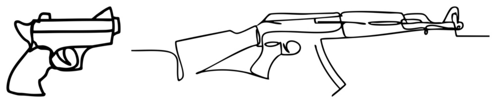 Vector sketch of handgun and rifle, continuous art, firearm silhouettes, military and law enforcement equipment, flat style, isolated foreground.