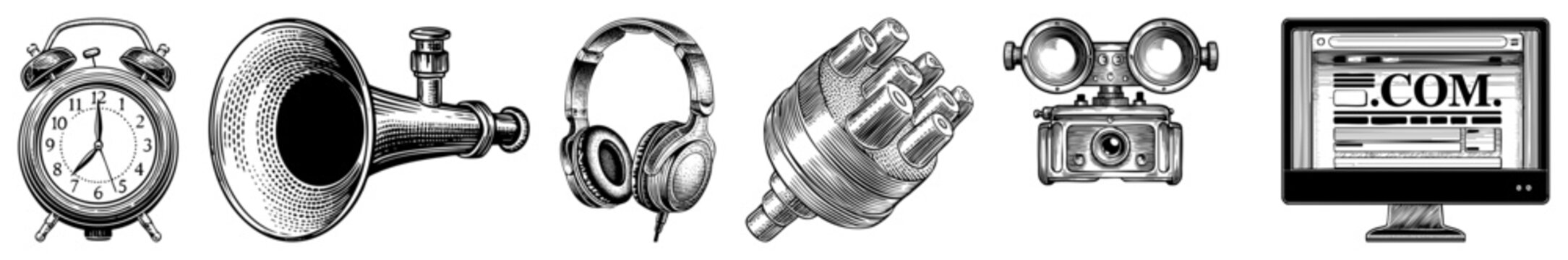 Classic alarm clock, brass horn, headphones, car distributor, vintage camera,.COM monitor black and white vector with engraved textures.