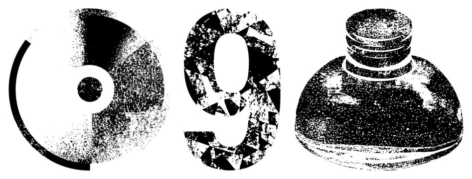 Stylized halftone vector circular motif, fragmented numeral nine, textured inkwell bottle., grainy texture, graphic design elements.