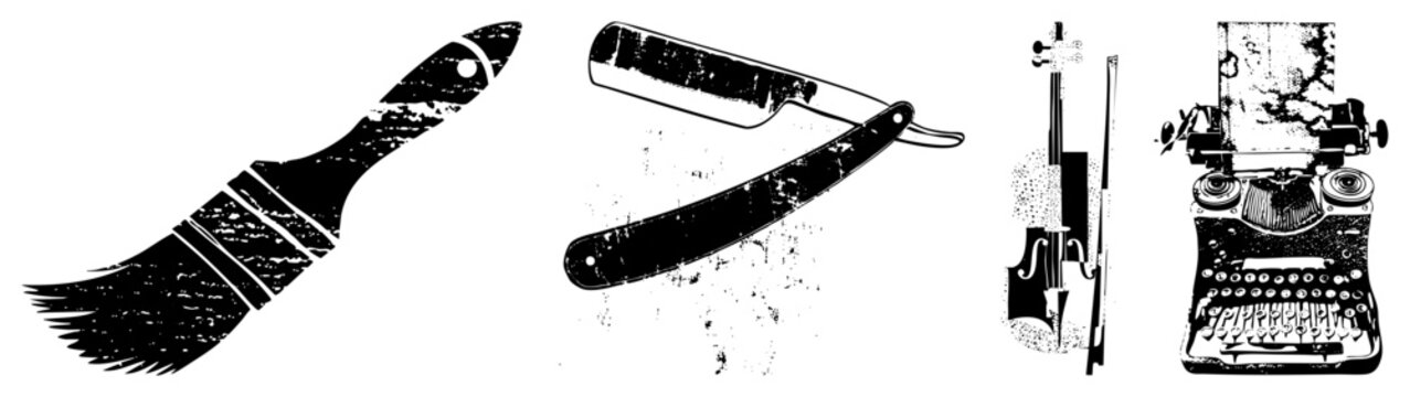 Classic creative instruments paintbrush, straight razor, violin with bow, vintage typewriter. Artistic tools for painters, barbers, musicians, writers. vector.