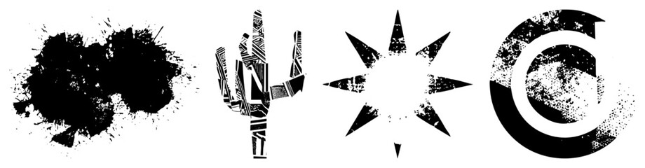 Obraz premium Abstract ink splatter, geometric cactus, starburst, and circular emblem with grainy texture, vector, isolated design assets.