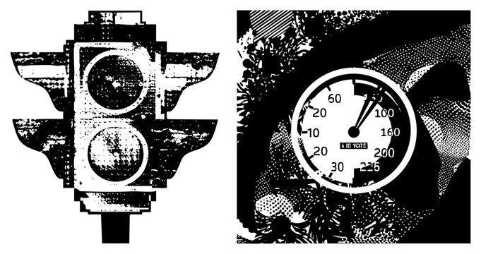 Retro traffic and temperature gauge rendered in halftone style, graphic design elements, vector illustration, black and white, isolated symbols, industrial gauges, urban signage.
