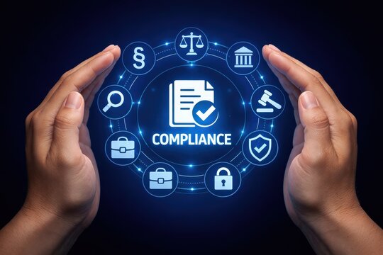 Guardians of Adherence: A digital illustration showcasing hands protectively encircling a central document adorned with symbols of law, justice, and order, representing strict adherence to guidelines.