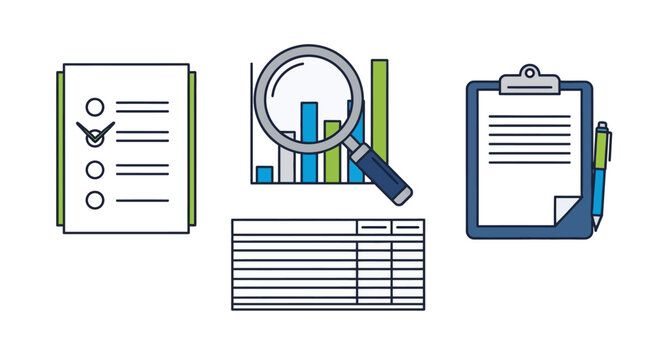 Business documents and data analysis tools.
