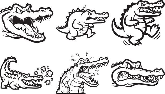 Funny Angry Simple Crocodile Bold Outline Silhouette Line Art Set