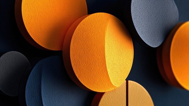 Three dimensional overlapping circles with textured surfaces create a modern abstract background