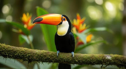 Fototapeta premium Toco Toucan Perched on a Mossy Branch in Amazon Rainforest
