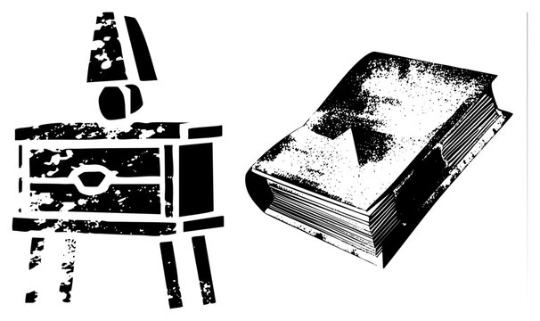 Retro typewriter and open book with distressed textures, vector design, isolated graphic elements, classic writing tools, digital illustration.