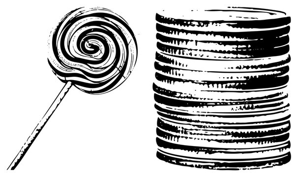 Swirled candy on stick, spiral lollipop, breakfast stack, pancake tower, breakfast treat, sweet dessert, hand drawn food, vintage illustration.
