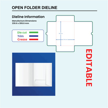 Open folder dieline with manufacture dimensions and cut trim crease guide template die cut