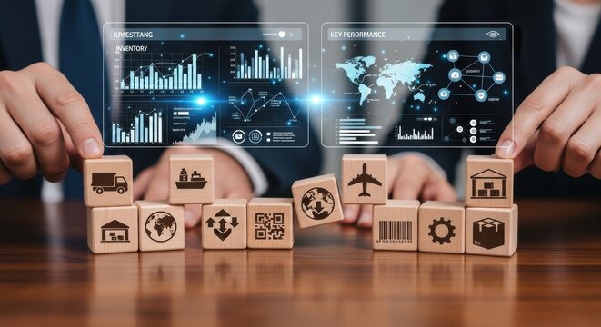 Strategic Supply Chain Blocks: Business Leaders Arranging Logistics Icons with Digital Dashboards Showing Global Transport, Warehousing, Analytics, and Operational Performance

