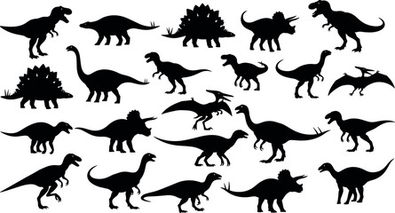 Naklejka premium Minimalist vector illustration of dinosaur silhouettes in varied species, modern prehistoric icon symbolizing evolution, diversity, paleontology, education