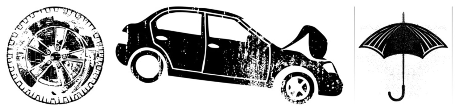 Car accident silhouette with dented hood, flat tire rim, vehicle collision damage, automotive crash, black and white vector.