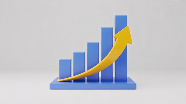 A 3d render presents a blue bar graph with a yellow arrow pointing upwards indicating growth and progress on a light gray background