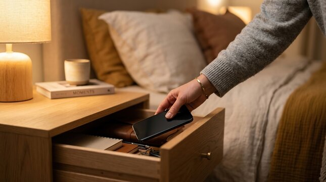Hand placing phone in bedside table drawer at night