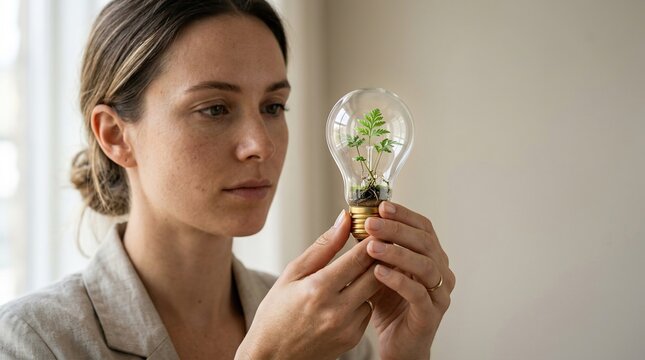 Woman Holding Light Bulb with Small Plant Inside, Symbolizing Eco-Friendly Ideas