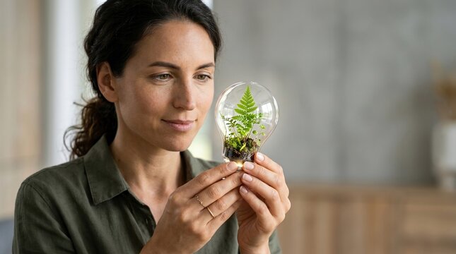 Woman Holding Lightbulb with Small Plant Inside, Symbolizing Eco-Friendly Ideas