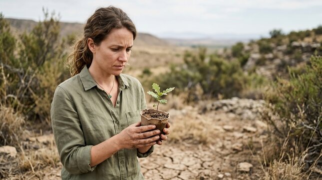 Woman Holding Small Plant in Desert Landscape with Dry Soil and Greenery