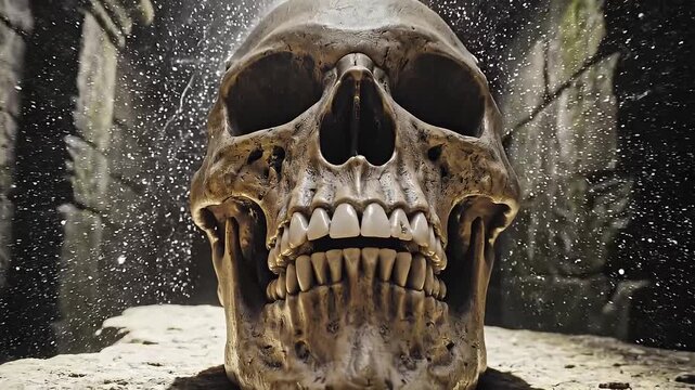 Mysterious Human skull open mouth cartoon in dark ancient tomb dungeon