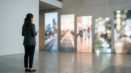 Fototapeta premium Businesswoman Viewing Urban Life Exhibits in Modern Art Gallery Space