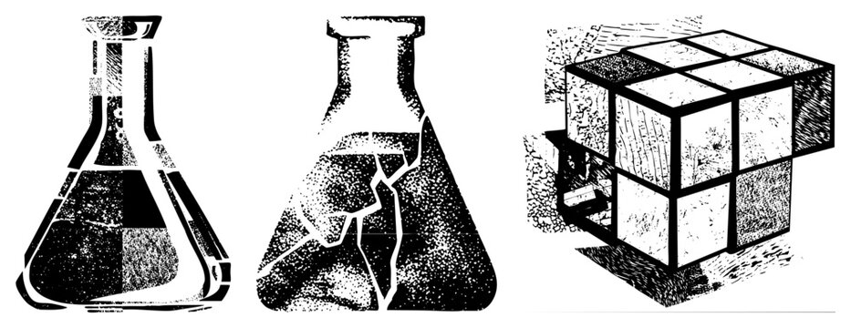 Laboratory flasks with textured halftone fills, cracked flask, 3D cube grid, scientific equipment, vector illustration, graphic, educational tool.